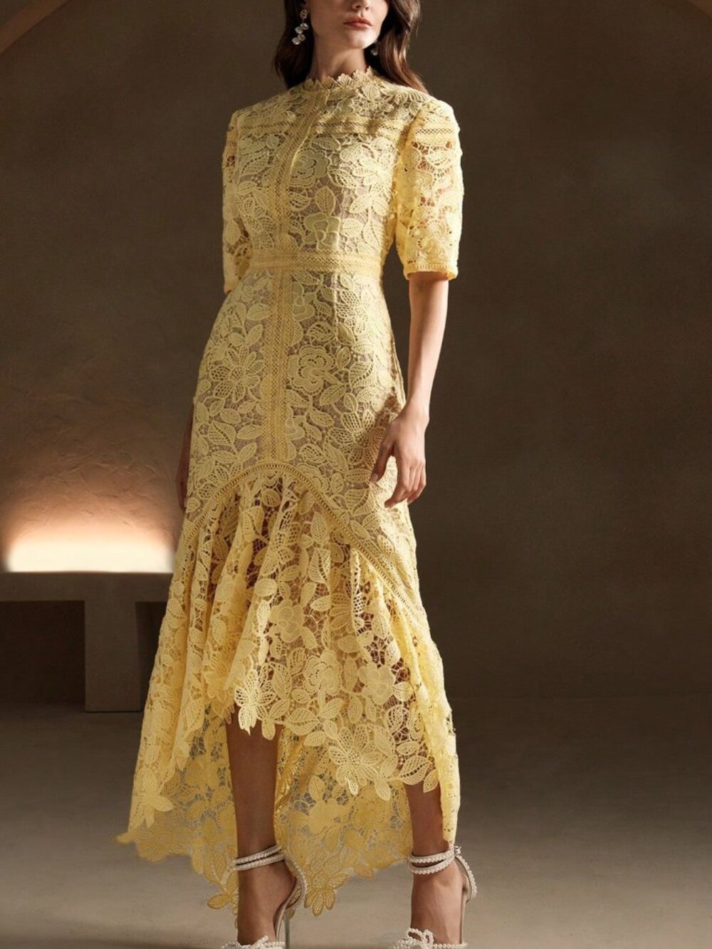 Yellow Elegant Women's Regular Fit High-Waist Flared Long A-Line Mermaid Dress